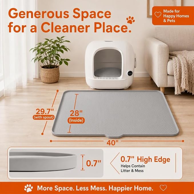 Cat Litter Mat, XL 40"x29.7" Silicone Litter Box Mat, Tilted Drain Spout | Litter Mat Fit 1-2 Boxes, Extra Wide Kitty Litter Mat, Waterproof Urine Proof, Non-Slip, Easy to Clean, High Edge - Image 3
