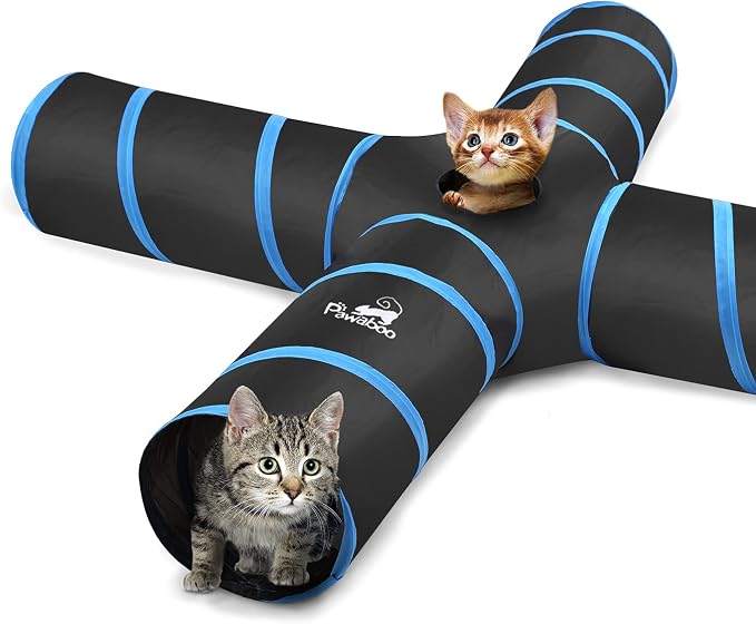 Pawaboo Cat Tunnel Tube 4 Way, 25x53cm, Blue | Extensible Collapsible, Interactive Toy Maze Cat House, With Balls and Bells, For Cat Kitten Kitty Rabbit Small Animal by Pawaboo
