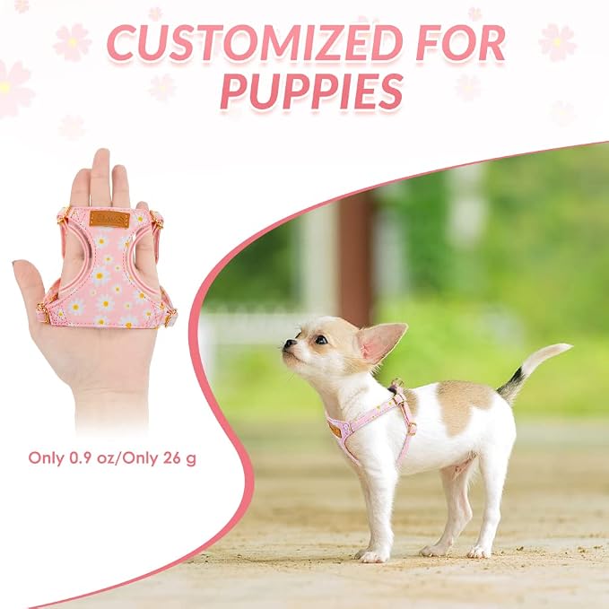 SlowTon No Pull Dog Harness with Leash for Small Medium Dogs, Pink XS | Floral Pattern, Step-in, Lightweight, Easy Put On and Off, No Choke, Soft Cotton and Suede for Daily Walking - Image 2
