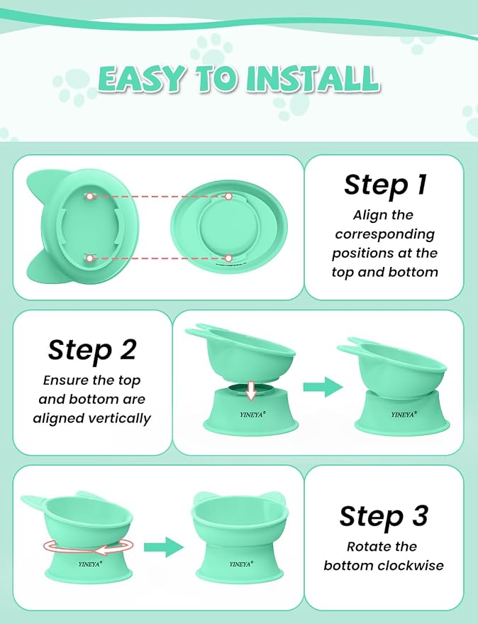 YINEYA Elevated Cat Bowls 2 Pcs, Cat Food Bowl to Protect Neck & Anti-Vomit, Whisker-Friendly Raised Food and Water Bowls Set for Indoor Cats/Small Dogs, Cute Pet Feeding Bowl 6 OZ Each, Pink & Green - Image 6