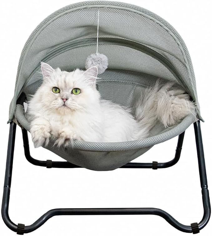 Cat Hammock Bed Elevated cat Bed, Comfortable and Breathable Pet Bed with Awning and Plush Toy, No-Tools Assemble, Cover Removable and Washable, Suitable for Indoor and Outdoor Use by ROGSOUTH