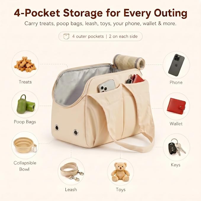 Fashion Dog Purse Carrier for Small Dogs, Soft-Sided Dog Bag Carrier with 4 Large Pockets, No Collapse, Lightweight, Smart Zipper Lock, Comfortable Puppy Cats Rabbit Carrier for Travel,Outdoor(Beige) - Image 4