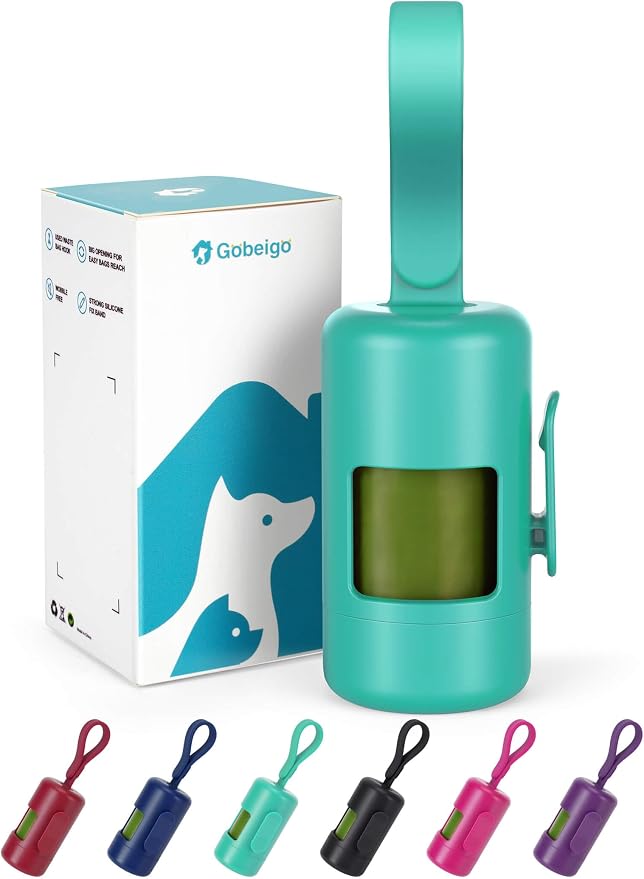 Gobeigo Dog Poop Bag Holder with Convenient Hook for Waste Bags(Turquoise) | Silicone Strap Fits Any Leash, Large Opening for Easy Dispensing with 1 Bonus Roll of Waste Bags by Gobeigo