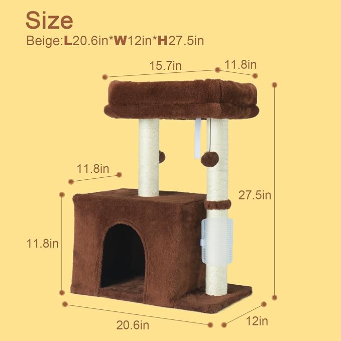 PEEKAB Small Cat Tree Tower,Scratching Post with Condo and Perch for Indoor Cats and Kittens,with Dangling Ball Massage Brush,Brown - Image 4