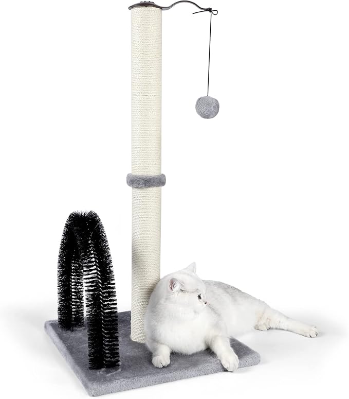 ANWA 32" Tall Cat Scratching Post with Arch Groomer, Natural Sisal, Gray | Natural Sisal Post for Indoor Cats Adults, Stable Cat Post with Plush Toys, Self-grooming Brush, Cat Furniture, Small Space by ANWA