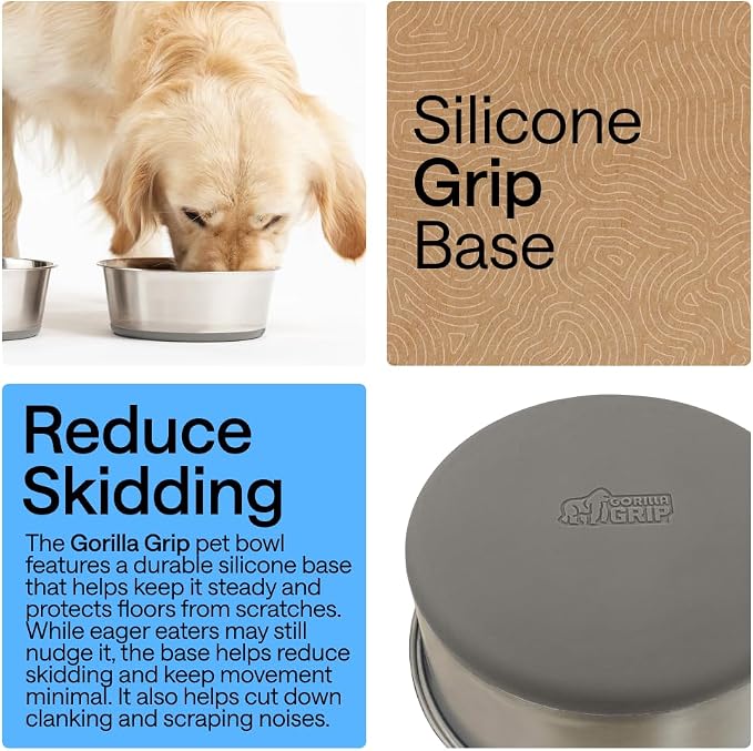 GORILLA GRIP Dog Bowls, Food Grade Stainless Steel, Set of 2, 8 Cup, Gray | 304 Stainless Steel Pet Feeding Bowls Hold 64 fl oz Each, Dishwasher Safe, Rust Resistant, BPA Free Rubber Base - Image 3
