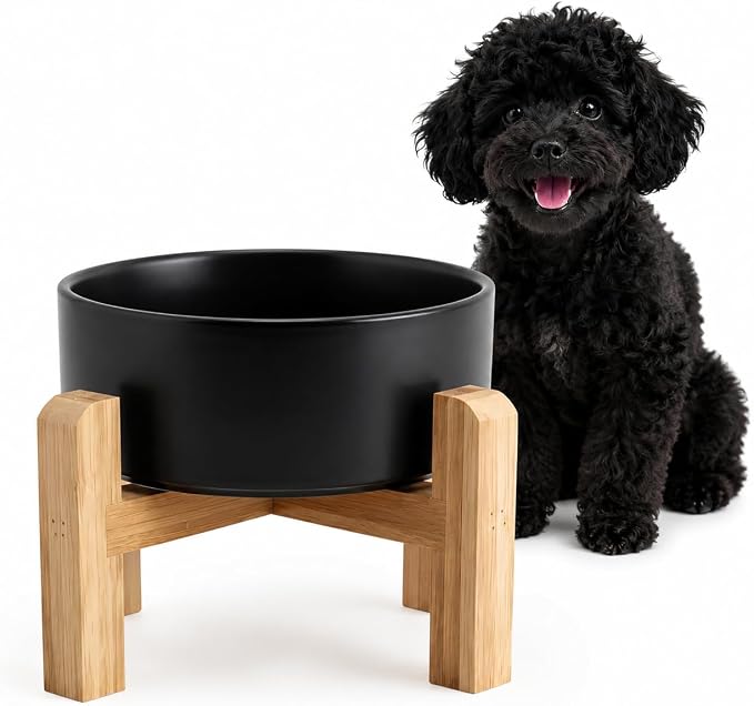 Elevated/Raised Ceramic Dog Bowl with Bamboo Stand，6 Inch 3.6 Cups Non Slip Heavy Weighted Single Pet Dish, for Small Medium Breed & Cats,Reduces Neck Strain Black by addggo