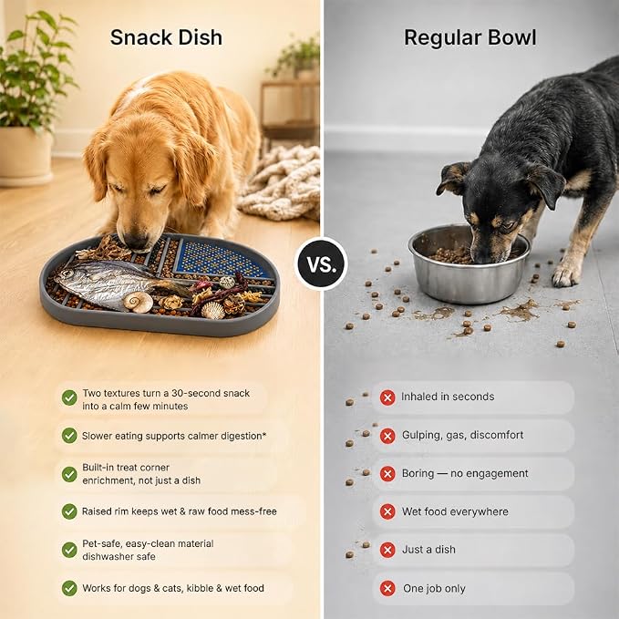 Snack Dish Slow Feeder Bowl for Dogs & Cats – Dual Pattern Design with Treat Corner, Mess-Free Feeding, Dishwasher Safe | Kubi Pets | (Gray) - Image 8