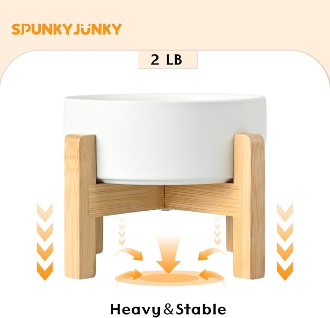 SPUNKYJUNKY Ceramic Elevated Dog Bowls 2 Pack - 6.1inch Raised Dog Bowls with Non-Slip Wooden Stand for Medium Dogs Dishwasher Safe(White,28.7OZ*2) - Image 6