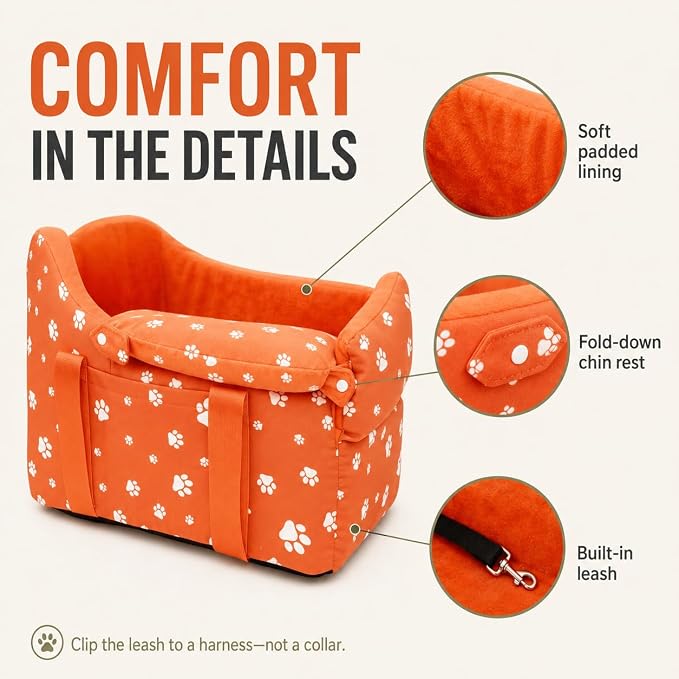Dog Car Seat for Small Dogs 5-15 lbs, Tomato Red | Center Console Puppy Booster and Portable Travel Bed, Anti-Collapse Design with Washable Fluffy Cushion - Image 6