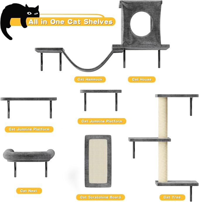 12-in-1 Cat Wall Shelves, Luxury Wall-Mounted Cat Climber Set | with Condos House, Scratching Post, Bridge Ladder, Indoor Space-Saving Furniture for Kittens, Dark Gray - Image 2