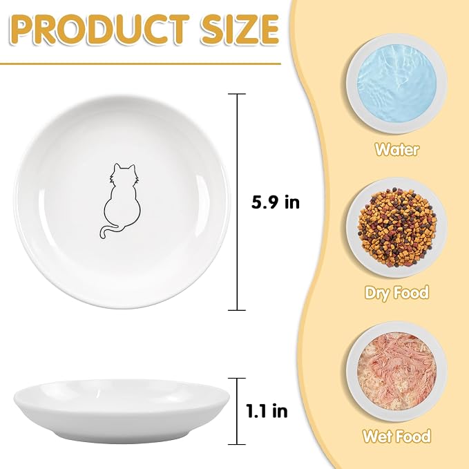 6 Pack Cat Food Bowl, Ceramic Cat Bowls, Anti Whisker Fatigue Cats Bowl Set | 5.5 Inches Shallow Wide Kitten Plates for Food and Water (White-B) - Image 2