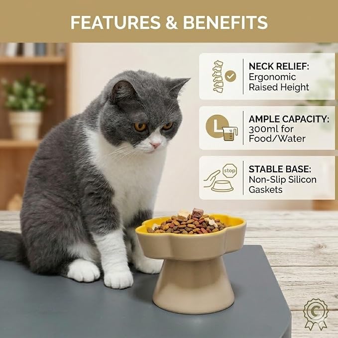 Ceramic Elevated Slow Feeder Cat Bowl, Raised and Gently Tilted Feeding Dish with Maze Design, Whisker-Friendly, Easy to Clean, for Indoor Cats and Small Dogs (Beige/Yellow) - Image 7