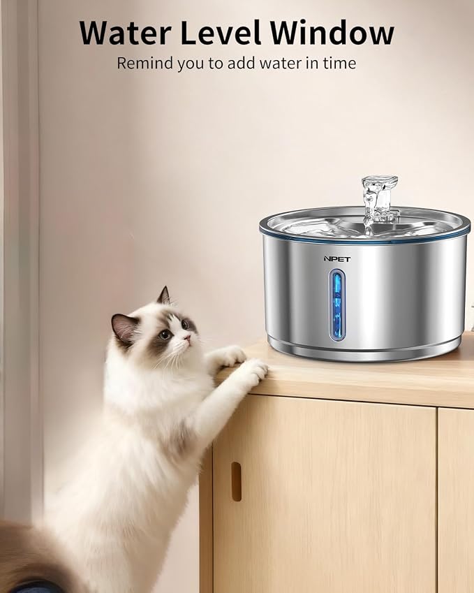 NPET Stainless Steel Cat Water Fountain, 1Gallon/135oz, Set | Automatic Pet Drinking Fountain, Dog Water Dispenser, 8 Replacement Filters, For Cats Indoor - Image 9
