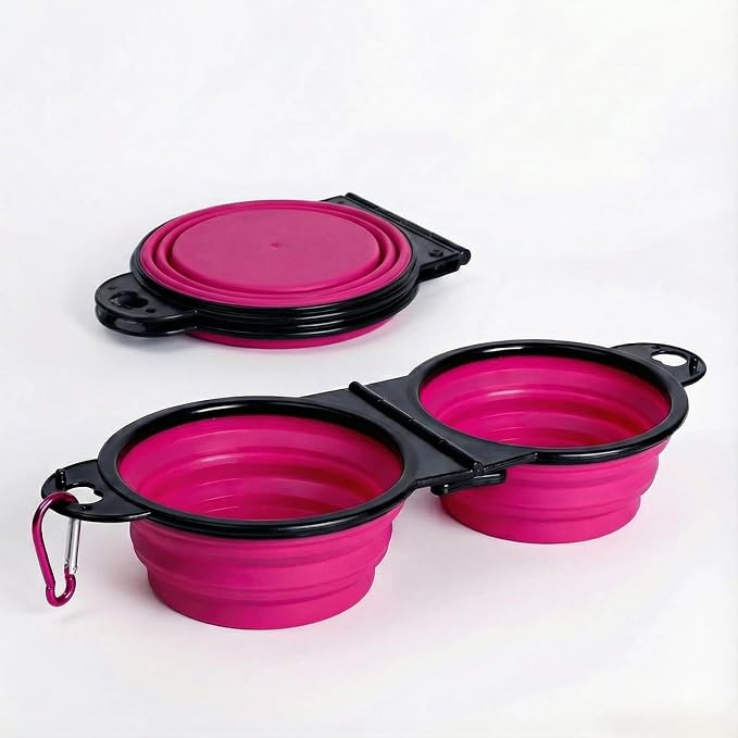 Double Collapsible Dog Bowls for Travel, Food and Water Set with Clip, Pink | 13.5 oz each, folds flat, carabiner clip, walking, hiking, camping, for small and medium pets - Image 2