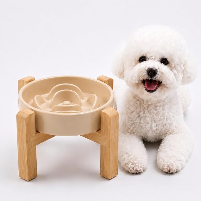 Elevated Ceramic Slow Feeder Dog Bowls Anti-Choking Slow Feeding for Small&Medium Size Anti-Slip Non-Lead & Toxic Durable Easy to Clean Maze Slow Feeder Bowl（8.26in Khaki Flower Pattern） by addggo
