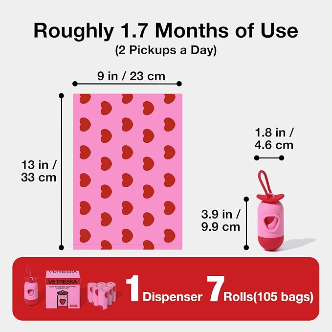 VETRESKA Dog Poop Bag Dispenser with Smoked Cherry Scented Bags, 105 Counts | Leak Proof and Extra Thick Pet Waste Bags for Dog Walking and Cat Litter, 1 Poop Bag Holder and 7 Rolls - Image 7