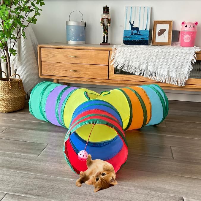 3-Way Collapsible Cat Tunnel Tube Toy Rainbow Y — Interactive Play Tunnel with Hanging Ball & Peek Hole for Indoor Cats, Kittens, Puppies & Rabbits | Hours of Fun & Exercise - Image 2