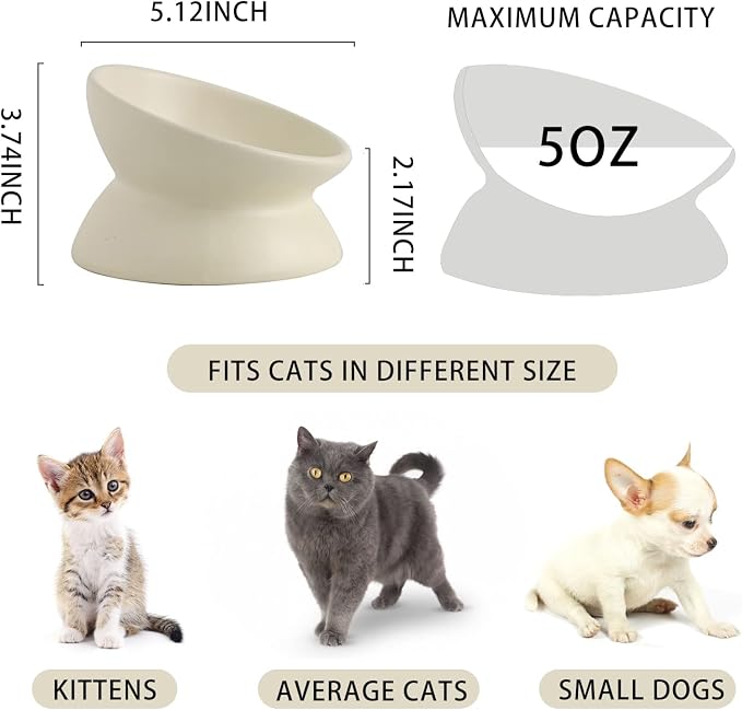Ceramic Raised Cat Bowl, Cat Food Bowls Elevated Tilted, Ceramic Pet Bowl Whisker Friendly, Anti Vomit & Reduce Neck Burden for Food and Water (Cream-White) - Image 3