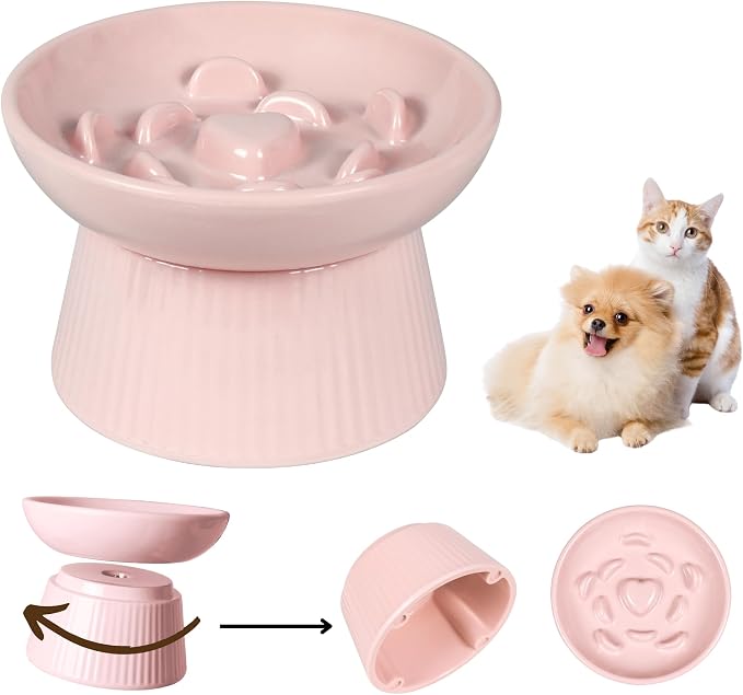 Unbreakable Raised Slow Feeder Bowl for Cats and Small Dogs, Elevated Cat Bowls, Detachable Slow Feede Bowl, Heavy Weighted, Non-Slip Feeder, Whisker Friendly (Pink, Round - 6.2w'' x 1.5h'' inch) by FullCharm