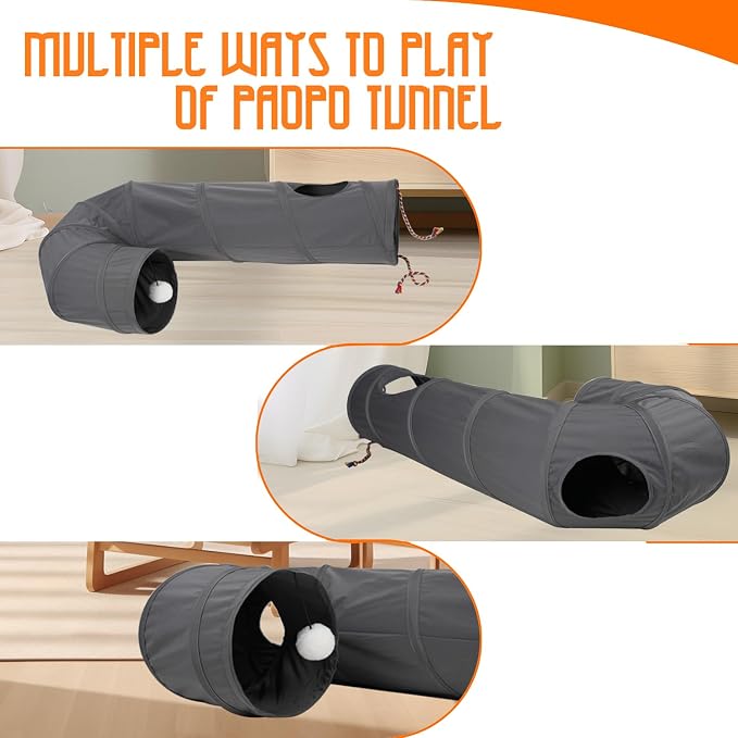 Cat Tunnel, 2-Way Collapsible Cat Tube with Interactive Peek-A-Boo Hole, Toy Ball, and Rope – Ideal for Indoor Cats, Kittens, and Rabbits (Dark Gray) - Image 3