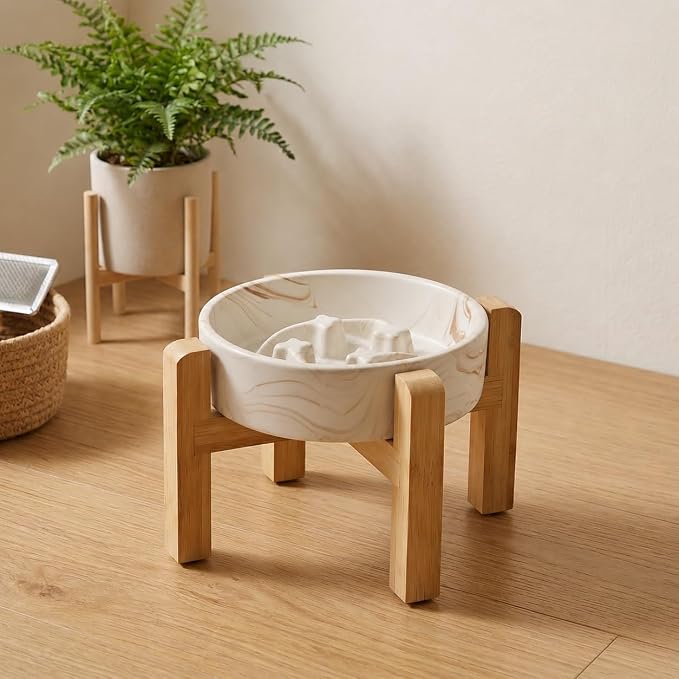 Elevated Ceramic Slow Feeder Dog Bowls Anti-Choking Slow Feeding for Small&Medium Size Anti-Slip Non-Lead & Toxic Durable Easy to Clean Maze Slow Feeder Bowl（8.26in Marble Brown Stars Pattern） - Image 7