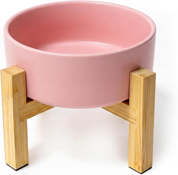 Elevated Ceramic Cat Bowl - Cat Food Bowl with Bamboo Stand - Raised Dog Dish for Puppies - Anti Vomiting, Stress Free - 13.5 oz / 400 ml - Pink by HCHLQLZ
