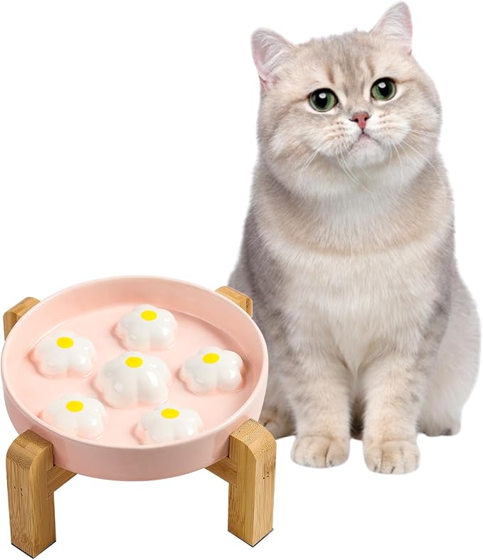 Elevated Ceramic Slow Feeder Cat Bowl with Anti-Slip Bamboo Stand | 6.3" Wide Whisker Friendly, Slow Eating 3x, Dry & Wet Food, Cute Flower-Shaped Maze, Microwave & Dishwasher Safe, White by PTOBER