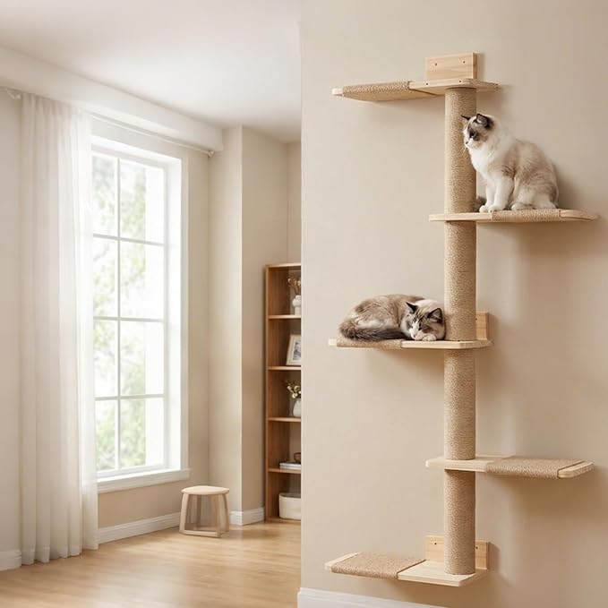 Tall Wall Cat Tree 50"‌, Wood Cat Wall Shelves Wall-Mounted Scratching Post | with Natural Jute Rope Adjustable Cat Tower for Indoor Cats (4-Tier Cat Tree, Natural Jute Color) by Unknown