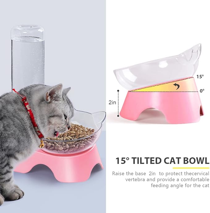 MILIFUN Double Dog Cat Bowls - Pets Water and Food Bowl Set, 15°Tilted Water and Food Bowl Set with Automatic Waterer Bottle for Small or Medium Size Dogs Cats - Image 2