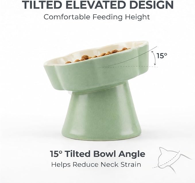 Ceramic Elevated Slow Feeder Cat Bowl, Raised and Gently Tilted Feeding Dish with Maze Design, Whisker-Friendly, Easy to Clean, for Indoor Cats and Small Dogs (Green/Ivory) - Image 3