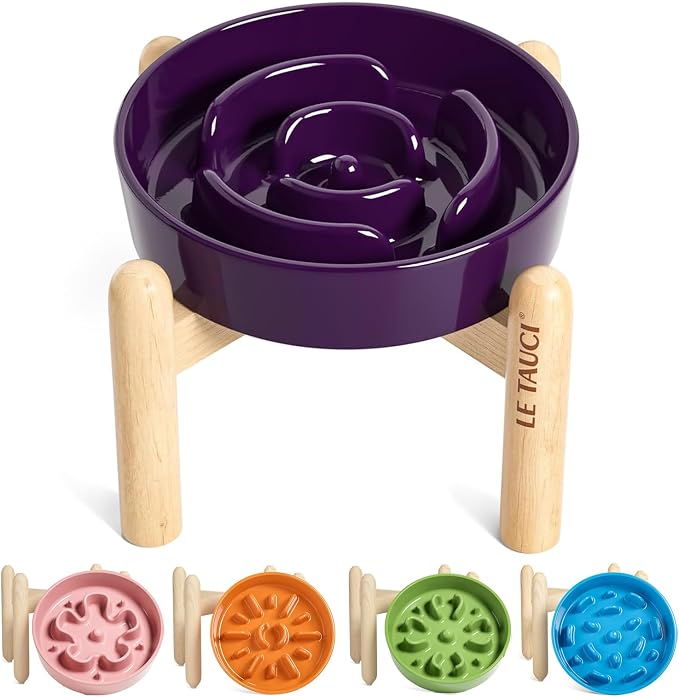 LE TAUCI Ceramic Slow Feed Dog Bowls, Elevated for Small Breeds, Anti-Gulping, Non-Slip, 6 inch, Purple by LETAUCI