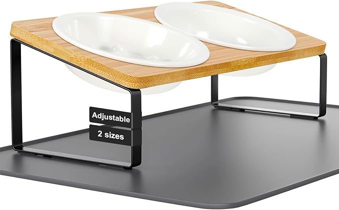 LEAWALK Upgraded Adjustable Height Cat Food Bowls Stand Ceramic Dog Bowls and Slow Feeder Cat Bowl, 15°Tilted Stand Anti Vomiting Raised for Small and Medium Sized Cats Dogs (White) by LEAWALK
