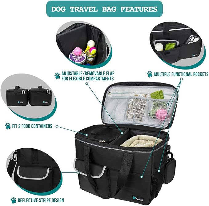 PetAmi Dog Travel Bag Organizer, Pet Supplies Tote Diaper Bag, Black Medium | Pet Travel Kit with 2 Food Containers & 2 Collapsible Dog Bowls, Luggage Sleeve, Weekend Getaway Road Trip Camping Essentials - Image 4