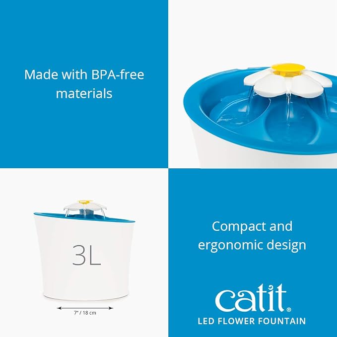 Catit LED Flower Fountain with Triple Action Filter, Cat Drinking Water Fountain, Blue, 3 L, 9.0 x 8.3 x 7.7 Inches(Pack of 6) - Image 6