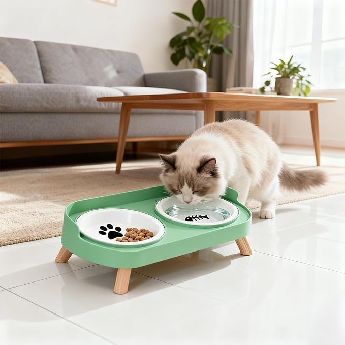 Elevated Cat Bowls, 2 Ceramic Raised Cat Food and Water Bowl Set, Prevent Cat Chin Acne, Whisker Fatigue Friendly, Splash Proof & Dishwasher Safe for Indoor Cats and Small Dogs - Green - Image 6