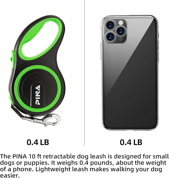PINA Retractable Dog Leash, 10ft Dog Leash for Small Dogs Up to 33lbs, 360° Tangle-Free Strong Reflective Nylon Tape, with Anti-Slip Handle, One-Handed Brake, Lock - Black Green - Image 2