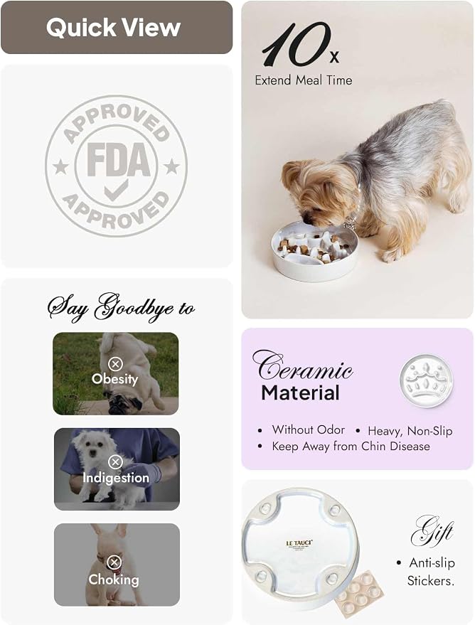 LE TAUCI Ceramic Slow Feeder Dog Bowls Small Breed, 0.6 Cups Dog Food Dish for Fast Eaters, Puzzle Bowl for Small Dogs and Cats,Crown Silver - Image 7