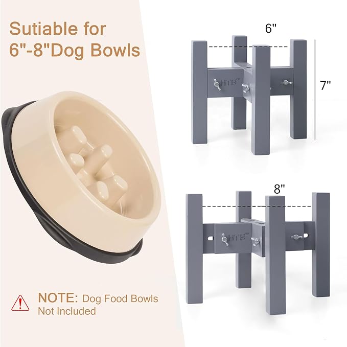 Elevated Dog Bowl Stand Adjustable Dog Food Holder 7”H Small Grey | 7” Elevated Dog Bowl Stand, Small Dogs, Adjustable, Fits 6”-8” Bowls, Single Bowl Holder, Natural Bamboo, Classic Grey - Image 3