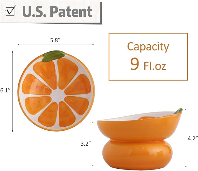 Cute Ceramic Raised Cat Food Bowl, Orange Shaped Cat Dish | Elevated Design, Fruit Themed, Anti Vomiting, Tilted Feeding, Indoor Cats - Image 2