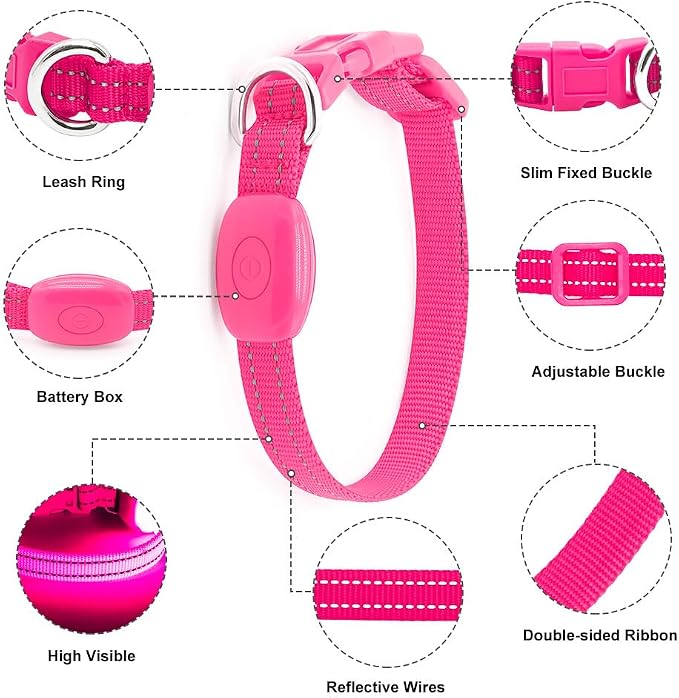 Light Up Dog Collar for Small Dogs - LED Dog Collar Rechargeable Adjustable Puppy Collars, Glow in The Dark Dog Lights for Night Walking & Camping (X-Small, Pink) - Image 2