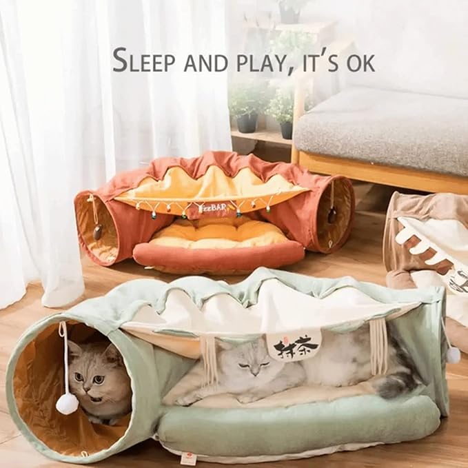 LEFTSTARER 2-in-1 Collapsible Cat Tunnel for Indoor Bed and Hideout - Pet Dog Rabbit Bunny Ferret Tunnel Tubes Toys with Removable Washable Mat, Tower Wheel Stuff - Image 3