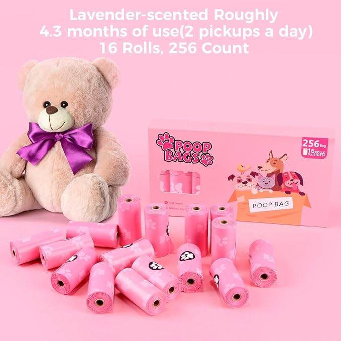Poop Bags Rolls 256 Count - 9x13 Inches Pink Thickened Leakproof Lavender scent Poo Bags for Dogs, Eco-Friendly Pet Waste Bags for Walking, Home, Travel - Image 2