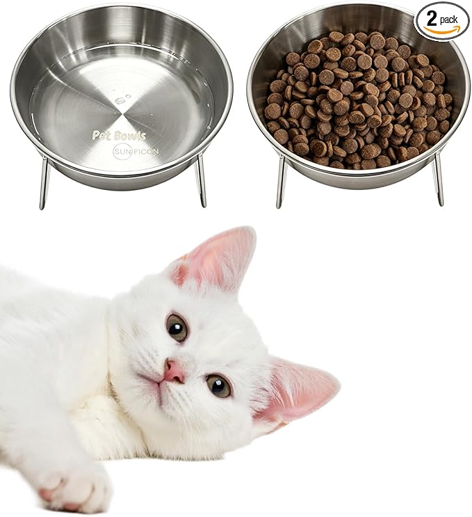 15° Tilted Cat Food Bowls 304 Stainless Steel Kitten Food Bowl Raised Food and Water Dish for Cats Elevated Cat Bowl Plate Stand Whisker Friendly Smooth Polished Easy to Clean Dishwasher Safe 2PACK by SUNFICON