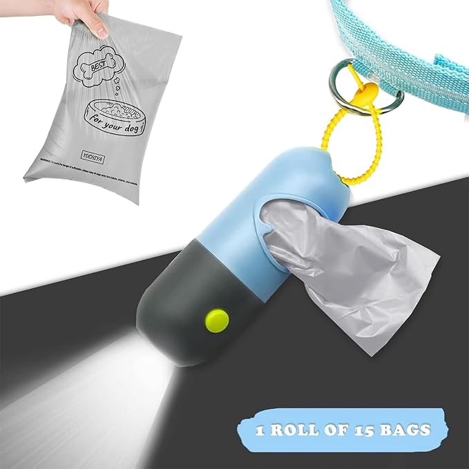 YUCHIYA Dog Poop Bag Holder Dispenser with LED Flashlight(Blue) | 100ft Ultra-Bright LED|Glow-in-the-Dark Avacado Clip|Metal Carabiner&Silicone Tether|15 Leak-Proof Scented Waste Bags - Image 6