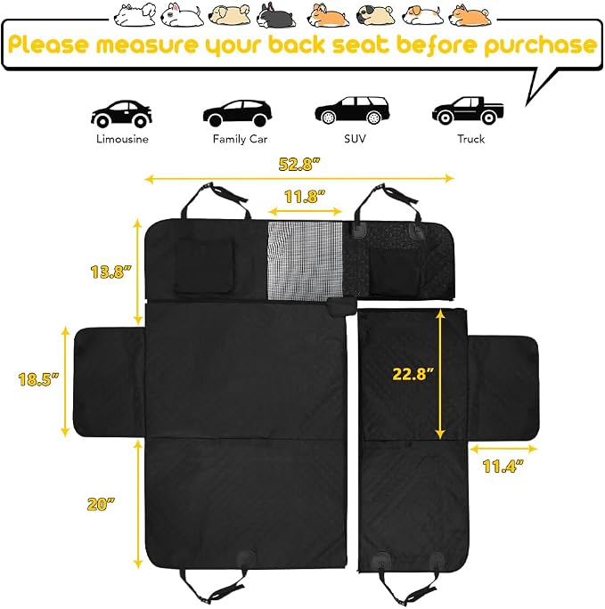 Vailge 6 in 1 Car Seat Cover for Back Seat, 60/40 Split, 100% Waterproof with Mesh Window, Scratch Prevent Anti-slip Dog Hammock, Standard - Image 6