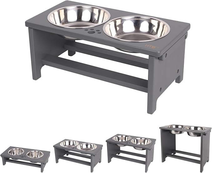 HTB Elevated Dog Bowl Stand with 2 Stainless Steel Bowls-7" H Medium Grey | Raised Dog Bowl Stand, 7"tall, 29 Oz Bowls, for Medium Sized Dogs, Pet-safe, Solid Bamboo by HTB