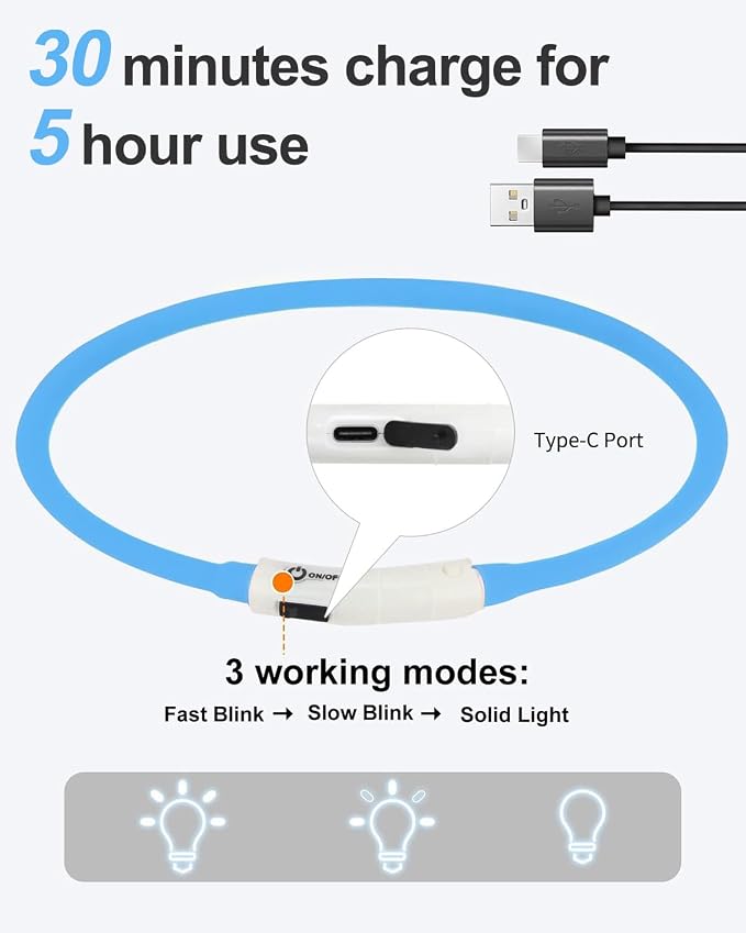 Joytale Light Up Dog Collar, LED Silicone Cut-to-Fit Rainproof, Blue | Soft Skin-Friendly Won't Chafe, 360° Glow Keeps Dogs Visible at Night, 3 Modes, Rechargeable USB-C, Small Medium Large Dogs - Image 5