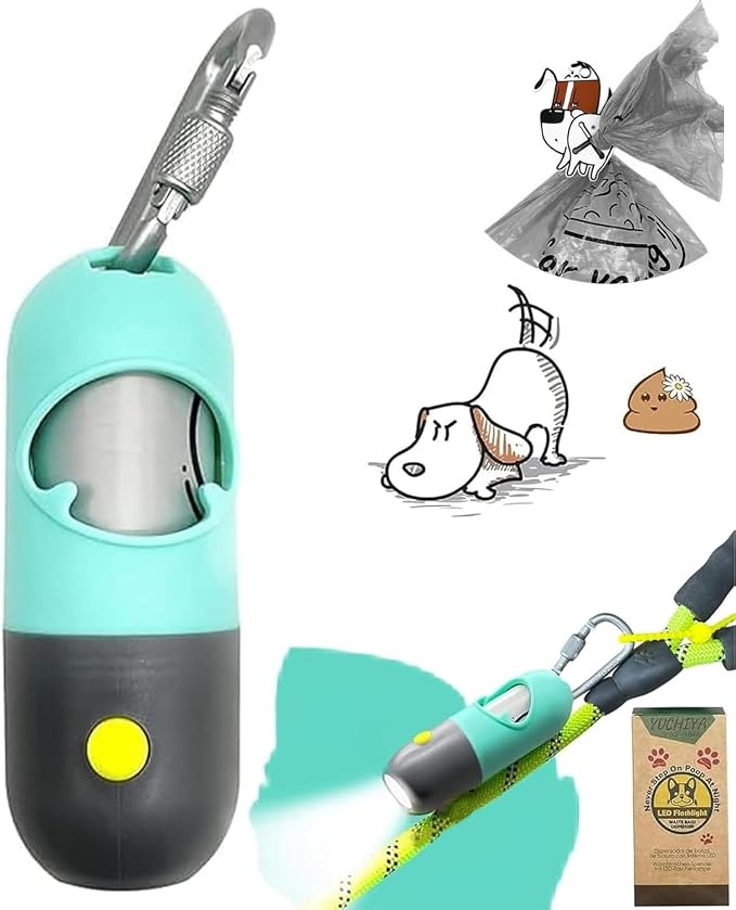 YUCHIYA Dog Poop Bag Holder Dispenser with LED Flashlight(Mint Green) | 100ft Ultra-Bright LED|Glow-in-the-Dark Avacado Clip|Metal Carabiner&Silicone Tether|15 Leak-Proof Scented Waste Bags by YUCHIYA