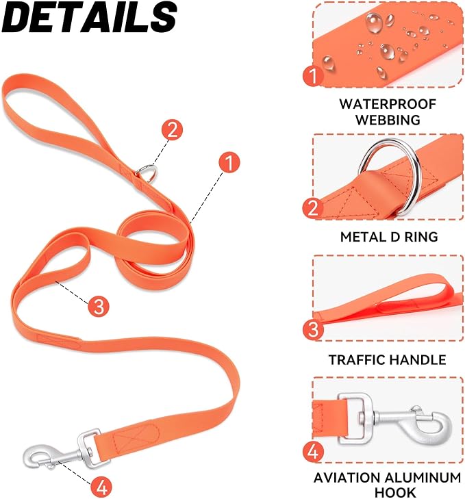 Waterproof Dog Leash with Double Handle, 6 FT Durable Odor-Proof Dog Leashes with Strong Aviation Aluminum Hooks Fits Small Medium or Large Dogs - Image 3